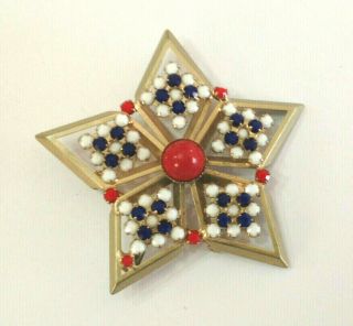 Vtg.  Hobe Star Pin Brooch Necklace Enhancer Glass Red White Blue Stones Gold Tone