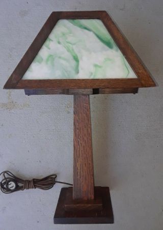 Arts And Crafts Antique Mission Oak Slag Glass Lamp