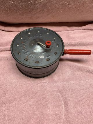 Vintage E - Z Corn Popper Hand Crank Popcorn Maker With Red Wooden Handle