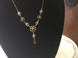 Vintage Antiqued Gold Finish Necklace With Amber And Clear Rhinestones