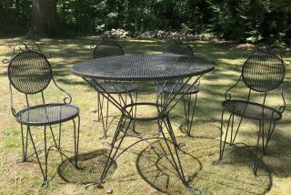 Vintage Mcm Wrought Iron Patio Set Bistro Table & Chairs Woodard? Hairpin Legs