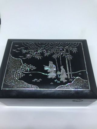 Vintage Japanese Aizu Mother Of Pearl Inlay Black Lacquer Box - 4.  75 " X3.  5 " X2 "