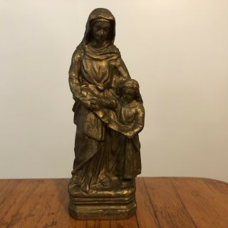 Vtg Gold Painted Cast Iron Religious Statue Catholic St Ann & Virgin Mary