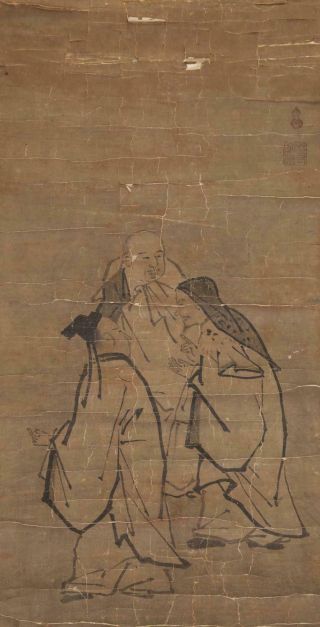 Antique Vintage Chinese Or Japanese Three Figures Ink On Paper Scroll Painting