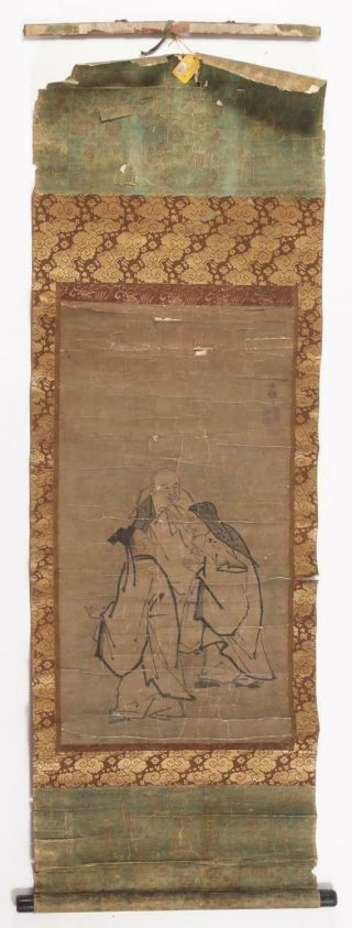 ANTIQUE VINTAGE CHINESE OR JAPANESE THREE FIGURES INK ON PAPER SCROLL PAINTING 2