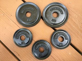 Vintage Milo Barbell Standard Dumbbell Weights (2) 2.  5’s 3) 1.  25s 8.  75 Lbs Total