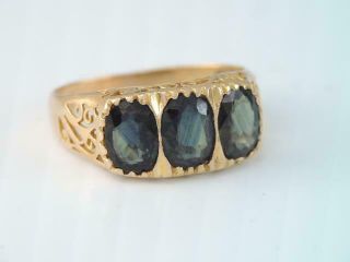 Antique Solid 18k Gold 3 Stone Blue Sapphire Ring Ornate Filigree Design Look