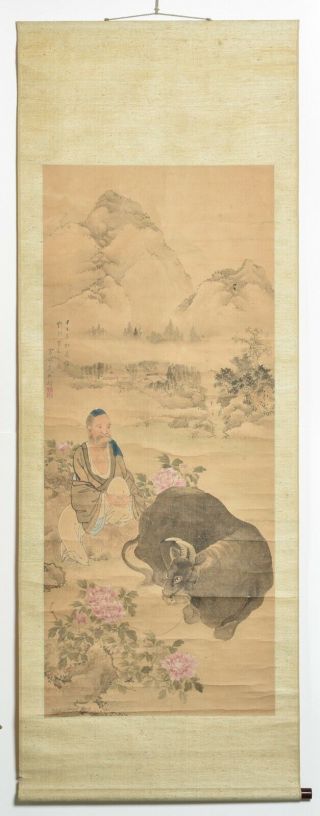 Antique Chinese Hanging Scroll Painting,  1834,  Old Man Liu Xin Black Peonies
