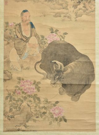 Antique Chinese Hanging Scroll Painting,  1834,  Old Man Liu Xin Black Peonies 2