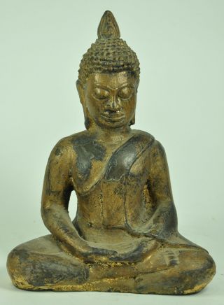Antique Ayutthaya Chinese Thai Gilt Gold Old Bronze Buddha Seated Figure Statue