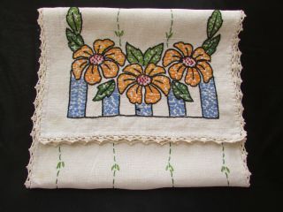 Vintage Handmade Embroidered Dresser Scarf / Table Runner Of Orange Flowers