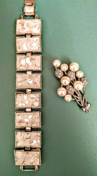 Vintage Pearlized Silvertone Metal Bracelet & Faux Pearls Flower Basket.
