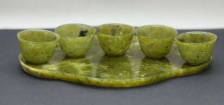 Set Of 5 Vintage Chinese Green Stone Altar Table Cups & Tray