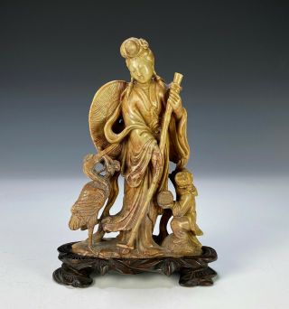 Fine Antique Chinese Soapstone Carving Statue Of Standing Figure And Child