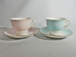Stunning Pair Vintage Retro Royal Vale Bone China Baby Blue Pink Trio Cup Saucer