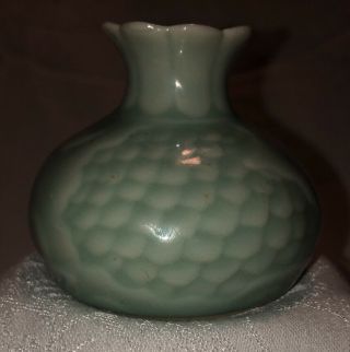 Vtg Green Celadon Glazed Vase With Foil Sticker Porcelain 2.  5” Chinese Character
