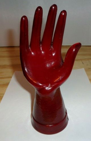 Vintage Heavy Red Glass Hand Jewelry Ring Holder Display 8.  5 " Tall X 3.  5 " Wide