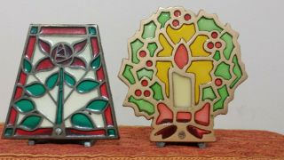 Vintage Christmas Stained Glass Cast Iron Tealight Candle Holder Set Of 2