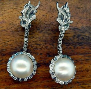 Vintage Palladium Art Deco Antique Mabe Pearl 1.  00 Carat Diamond Drop Earrings