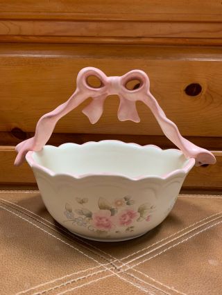 Pfaltzgraff Tea Rose Vintage Sculpted Fruit Bowl W/ Ribbon Handle Basket - Rare