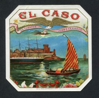 Old El Caso Cigar Label - Port,  Sailing Ships,  Eagle,  Moon,  Clouds,  Crown