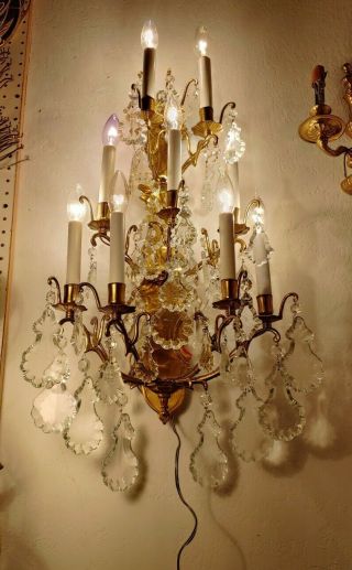 Antique French Solid Brass 9 Lights,  Large Crystals Wall Sconce Chandelier