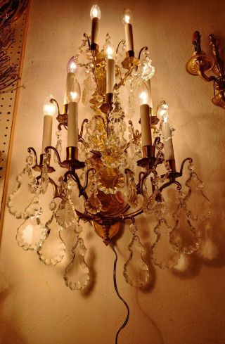 Antique French solid Brass 9 Lights,  Large Crystals Wall Sconce Chandelier 2