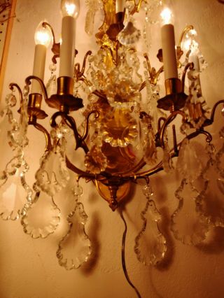 Antique French solid Brass 9 Lights,  Large Crystals Wall Sconce Chandelier 3