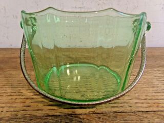 Vintage Cambridge Glass Green Vaseline Ice Bucket With Metal Handle Marked