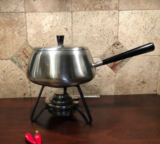 Vtg Spring Inox Stainless Fondue Set W/ Pot,  Lid,  Stand,  And Burner Swiss Made
