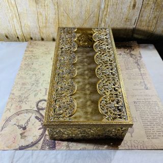 Vtg Gold Metal Filigree Rectangle Tissue Box Cover