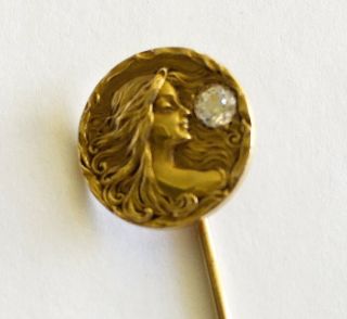 Antique 14k Art Nouveau Stick Pin With Ladies Head & Diamond