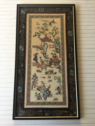 Antique Chinese Hand Embroidered Stitch On Silk,  Framed,  13 " X 25 1/2 " (image)