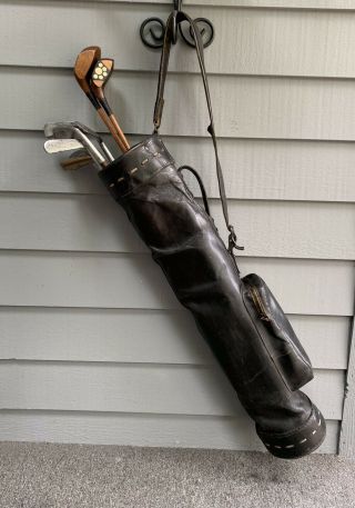 Antique Hickory Wood Shaft Golf Clubs And Vintage All Leather Stovepipe Bag