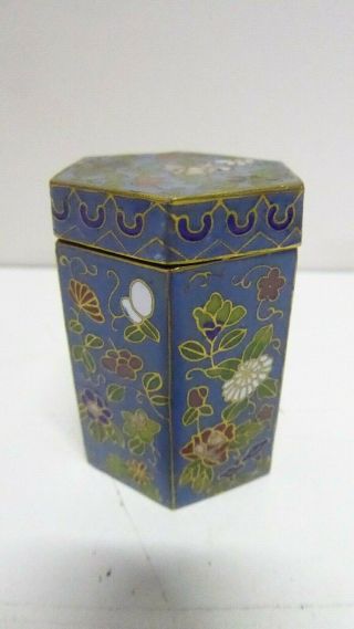 Vintage Cloisonne Brass Lidded Hexagonal Box Canister Jar Chinese Enamel