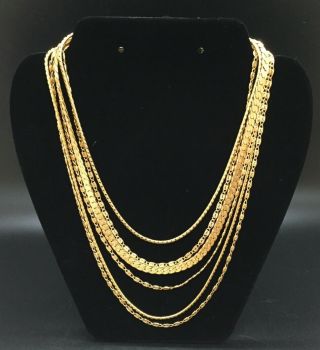 Vintage Signed Monet Multi 6 Strand Gold Tone Necklace Varying Width Chains 18 "