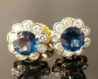 Fine Vintage Blue Sapphire Diamond Halo 18k Yellow Gold Earrings