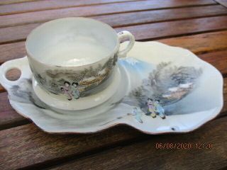Vintage Japanese Egg Shell Porcelain Cup & Matching Plate - Hand Painted Signed