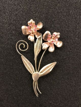 Vintage 1940s Sterling Silver Pink Rhinestone Flower Pin Brooch