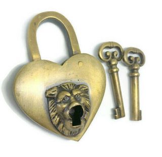 Lion Head Padlock 3 " Vintage Old Stye Solid 100 Brass 2 Keys Heavy Lock