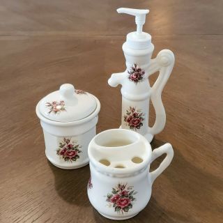 V.  B.  Athena Pink Rose Design Ceramic Bathroom Vanity Vintage 4 Pc Set Usa Made