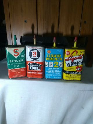 4 Vintage Small Tin Oil Cans 3 In 1.  Singer.  Liquid Wrench.  Liquid Wrench.