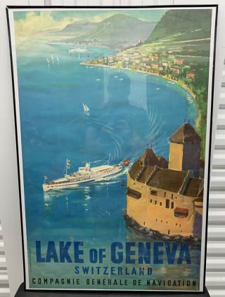 Vintage 50’s Lake Geneva Ship Boat Chillon Castle Switzerland Travel Poster 40”
