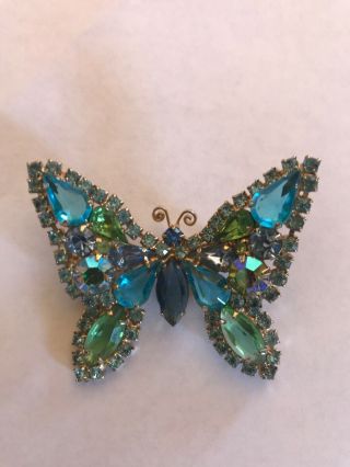 Vintage Weiss Gold Tone Green And Blue Butterfly Brooch