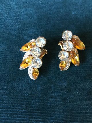 Vintage Signed Eisenberg Ice Golden Amber Glass Rhinestones Clip On Earrings