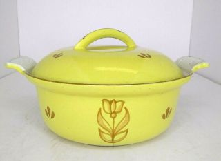 Vtg Mcm Dru Holland Yellow Enamel Cast Iron Dutch Oven Casserole Dish Pot W/ Lid