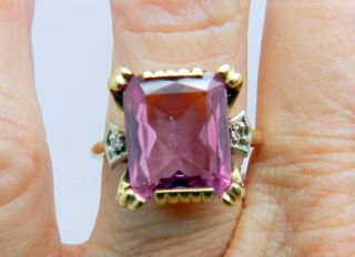 Antique 10k Yellow Gold 6ct Rectangular Pink Sapphire & Diamonds Engagement Ring