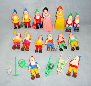 Vintage Disney Snow White & 7 Dwarfs Elves Gnomes Cake Toppers Hong Kong 16 Pc.