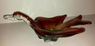 Vintage Murano Art Glass Cased Ruby Red Flying Duck Bird Trinket Dish Bowl