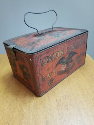 Vintage Union Leader Cut Plug Smoking Chewing Tobacco Tin Lunch Box Antique Red 3